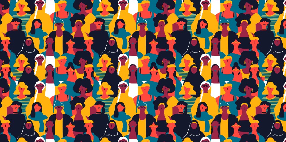 Illustration of women's faces in different colours 